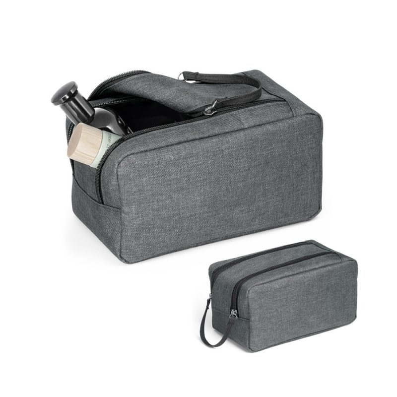 Grey toiletry bags with travel bottles inside.