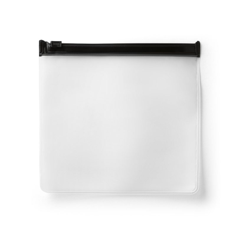 Transparent plastic zip bag on white background.