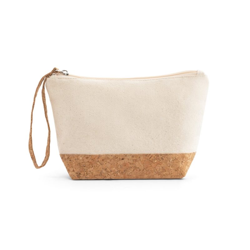Cream pouch with cork bottom and strap.