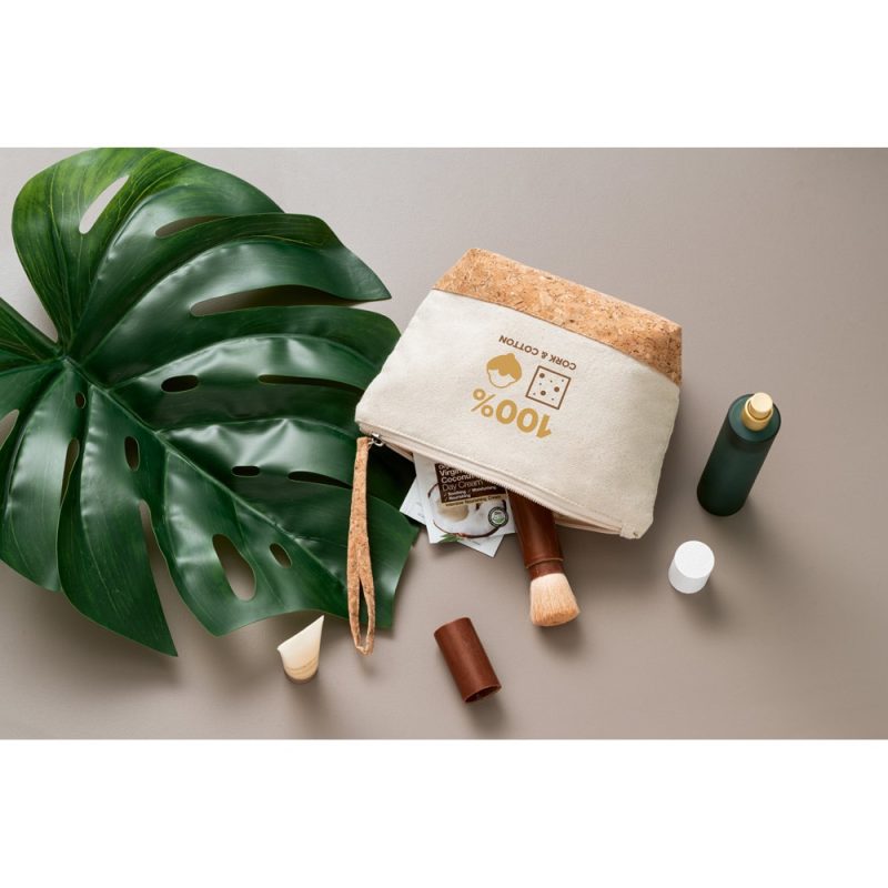 Eco-friendly cosmetics with cork and cotton bag.