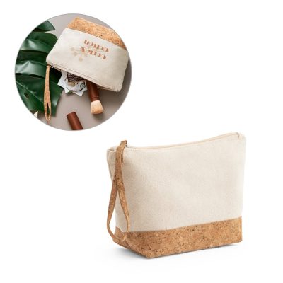 Cotton and cork makeup bag with cosmetics inside.