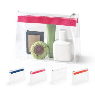 Clear toiletry bag with assorted travel items.