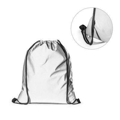 Silver drawstring bag with black straps close-up