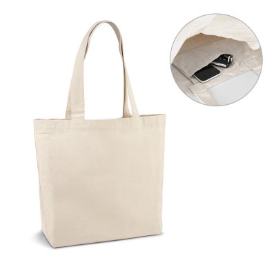 Beige canvas tote bag with inside pocket.