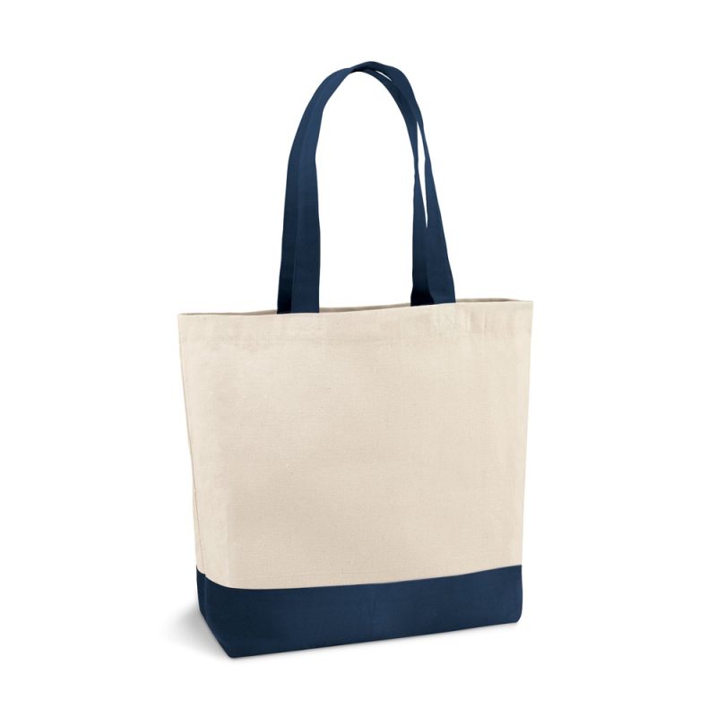 Canvas tote bag with navy handles and base.