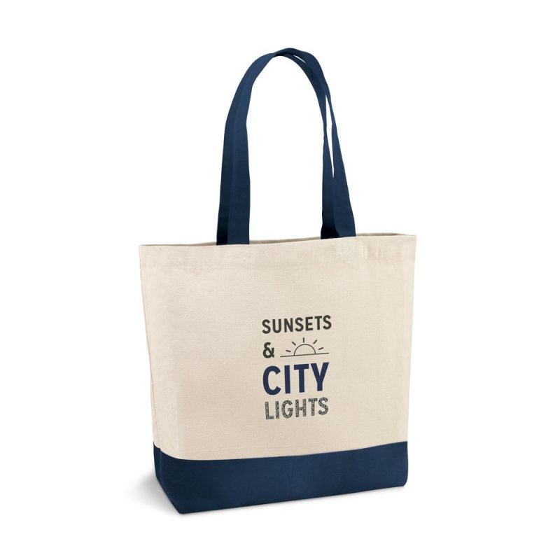 Beige tote bag with 'Sunsets & City Lights' design.