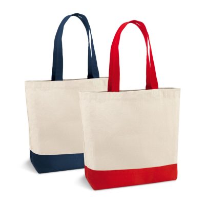 Two canvas tote bags, red and blue handles.