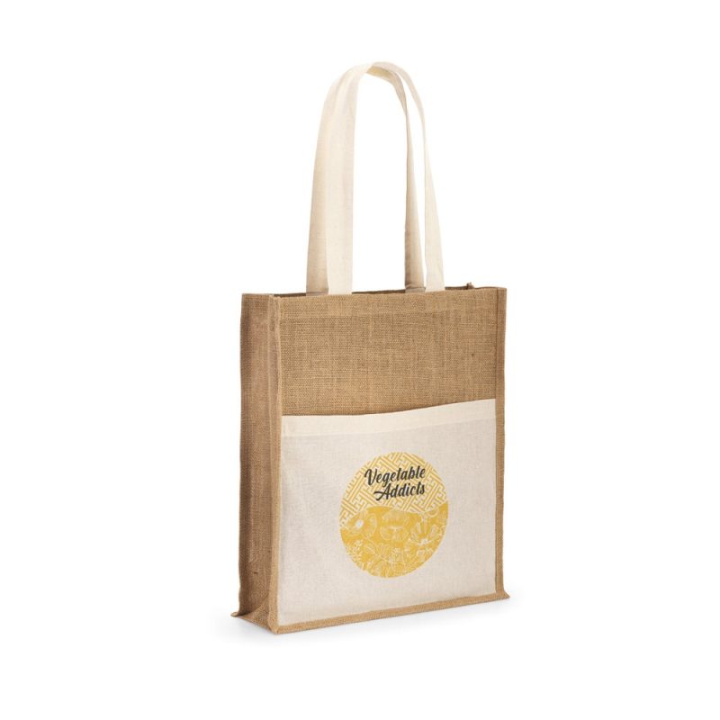 Eco-friendly jute tote bag with vegetable print.