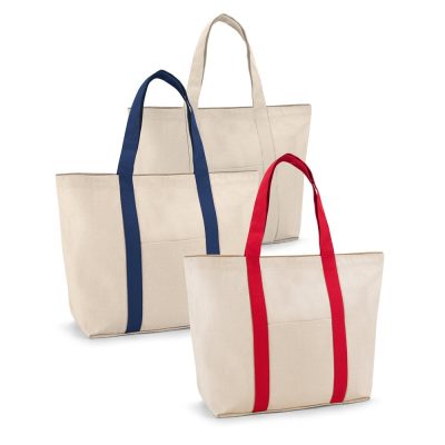Canvas bags with red and blue handles