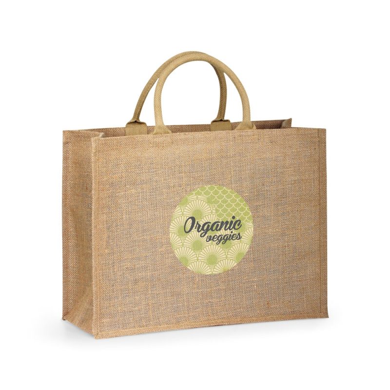 Eco-friendly jute bag with organic veggies print.
