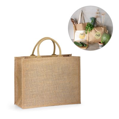 Eco-friendly jute shopping bag with groceries.