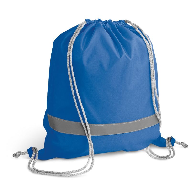 Blue drawstring backpack with grey stripe.