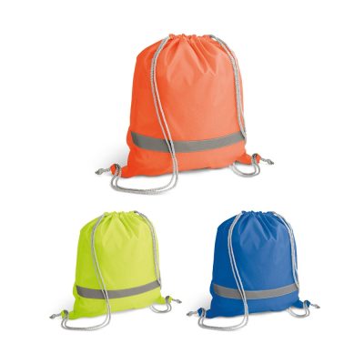Colourful drawstring bags with reflective strip.