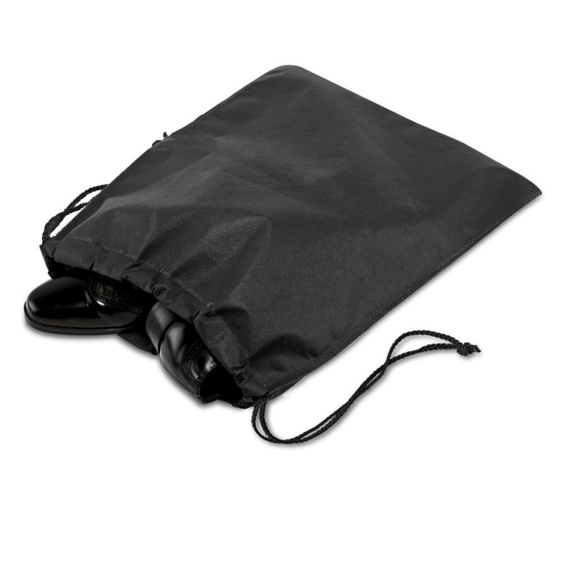 Black shoes in a drawstring dust bag
