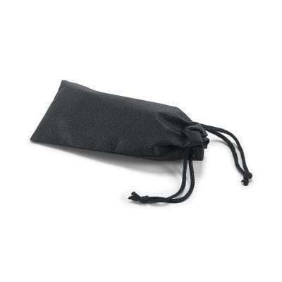 Black drawstring pouch on white background.