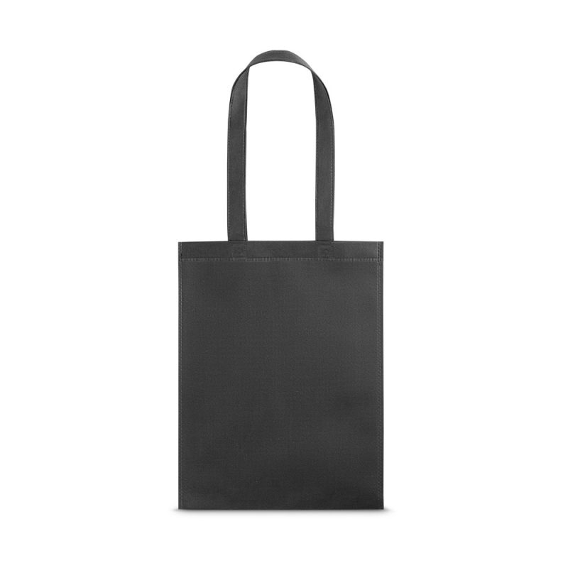Black reusable tote bag with long handles