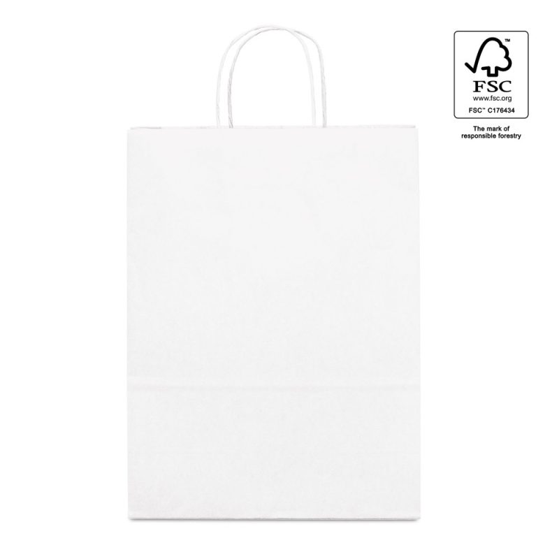 White paper bag with FSC certification logo.