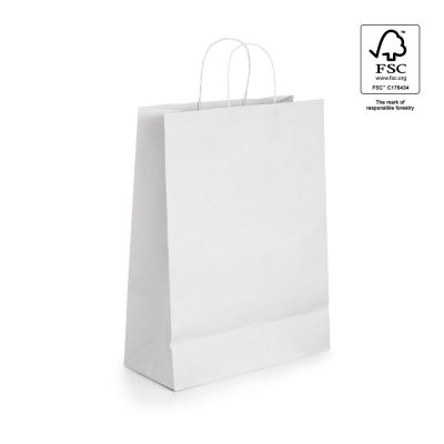 White paper bag with FSC certification mark.