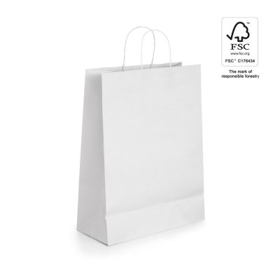 White paper bag with FSC certification label.