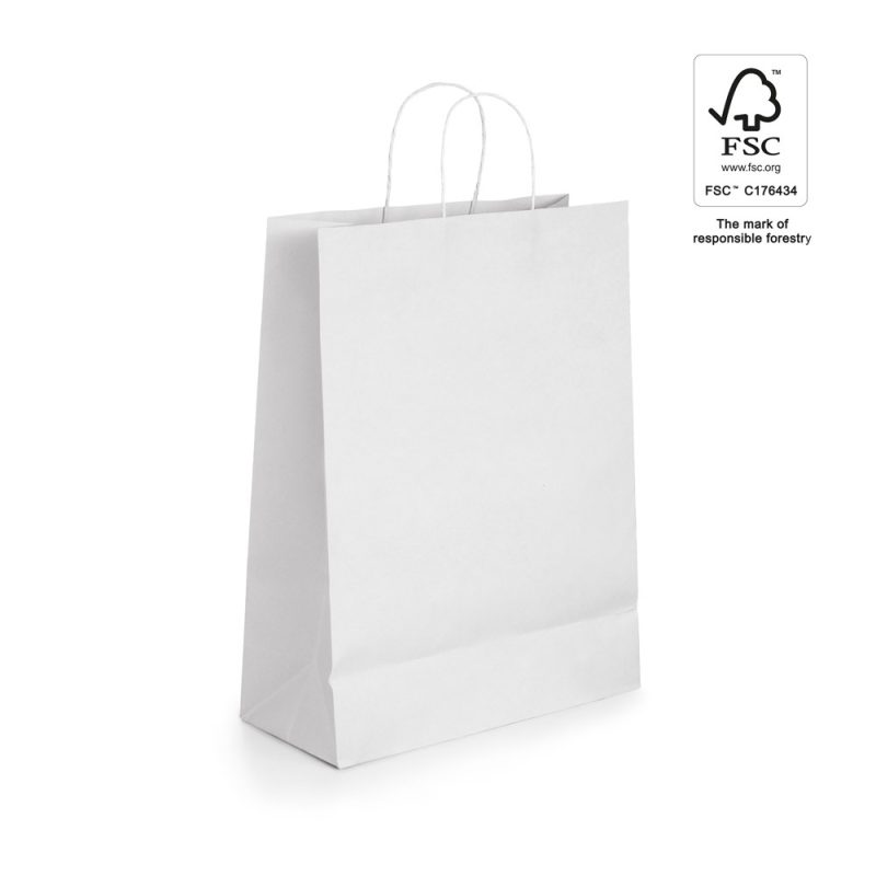 White paper bag with FSC certification label.