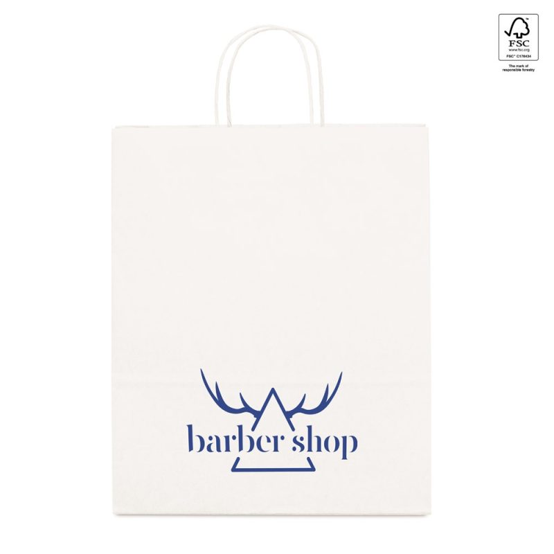 Eco-friendly barber shop paper bag with logo.