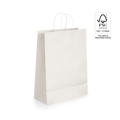 White paper bag with FSC label.