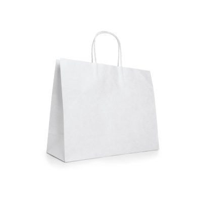 Plain white paper shopping bag with handles.