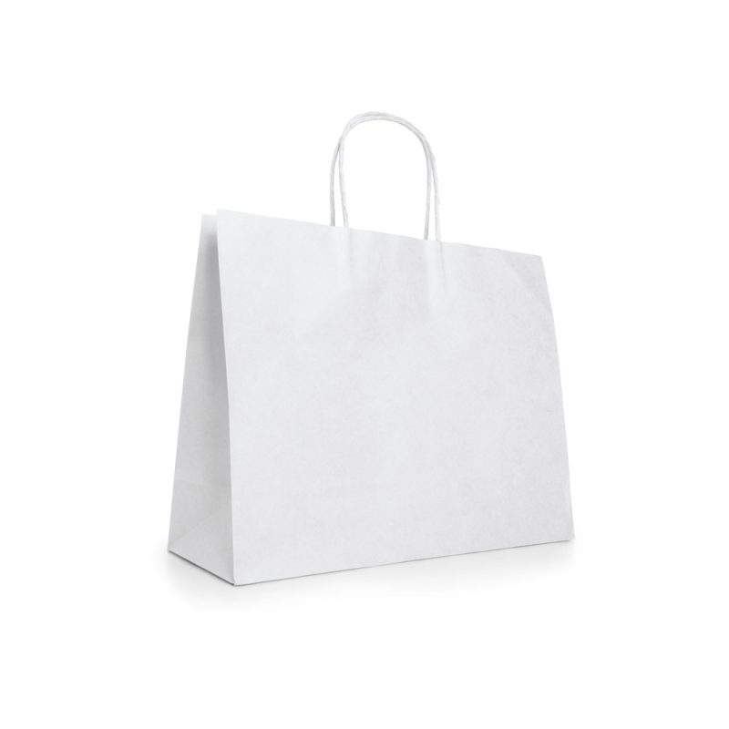 Plain white paper shopping bag with handles.