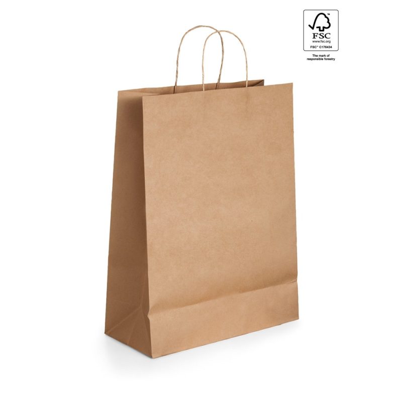 Brown paper shopping bag with handles.