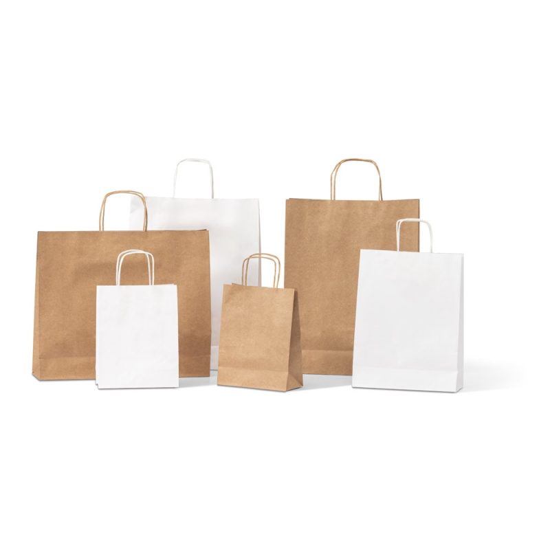 Assorted brown and white paper shopping bags