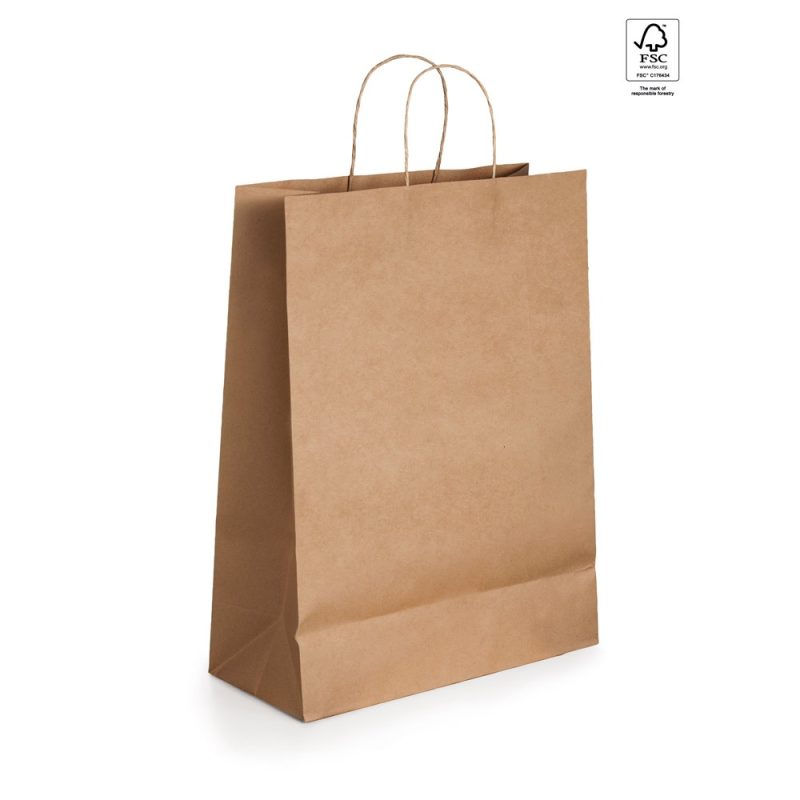 Brown paper shopping bag with handles.