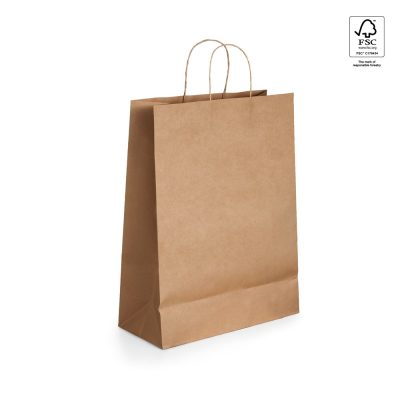 Brown paper shopping bag with handles.