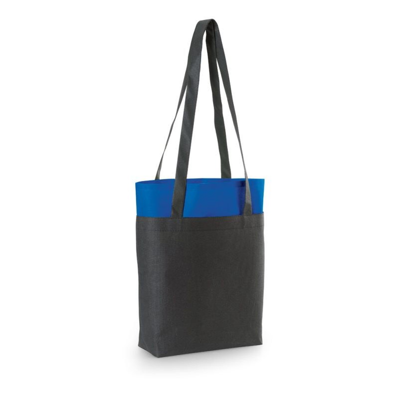 Black tote bag with blue folder inside