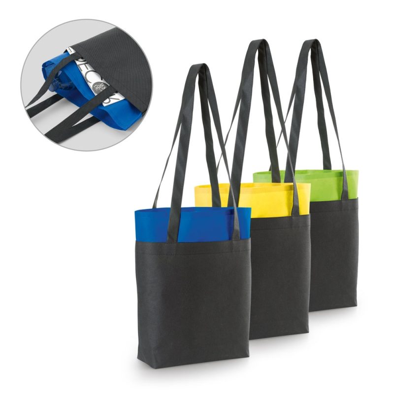 Black tote bags with colourful interiors.