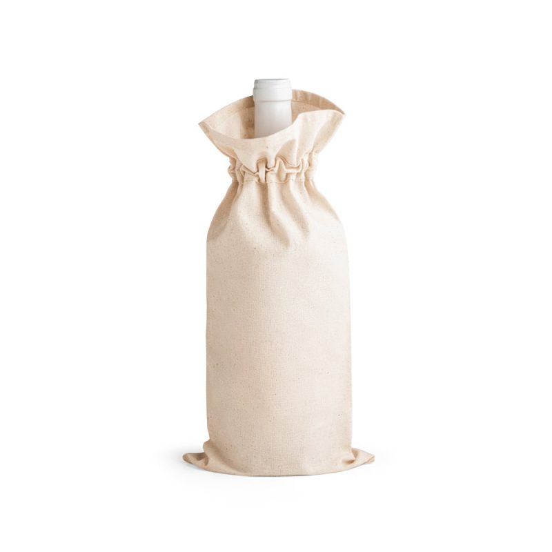 White bottle in a beige fabric bag