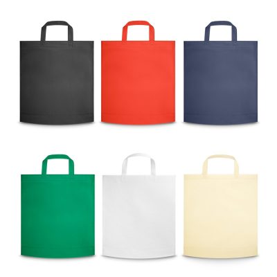 Six colourful tote bags on white background.