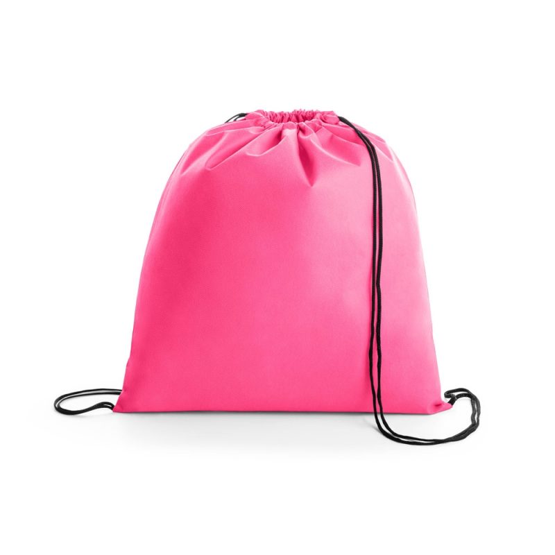 Bright pink drawstring bag with black cords.