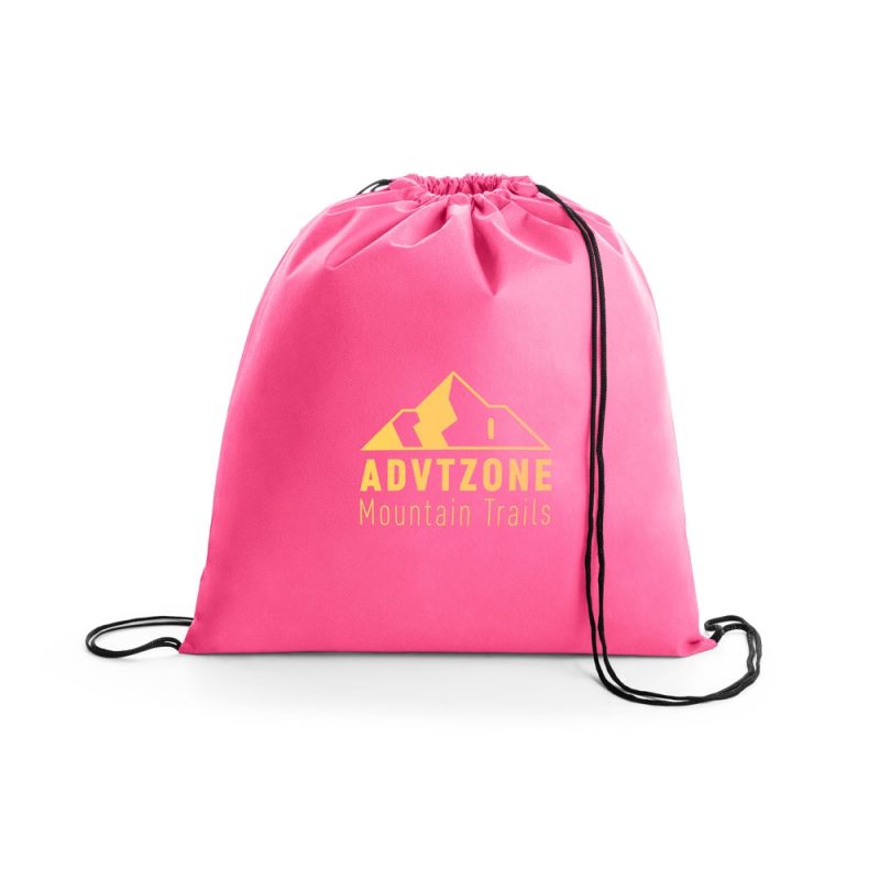 Pink drawstring bag with Adventure Zone logo