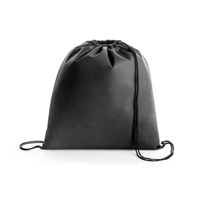 Black drawstring bag on white background.
