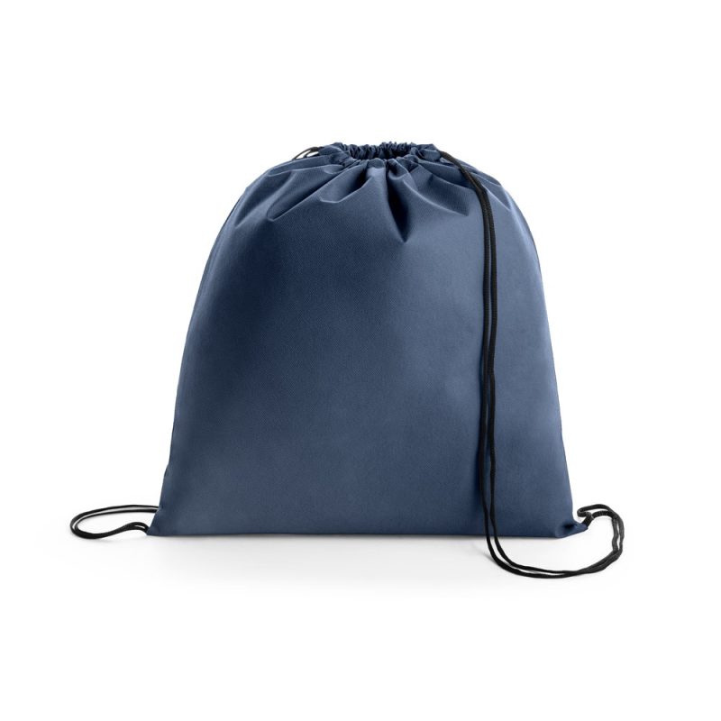 Navy blue drawstring backpack on white background.