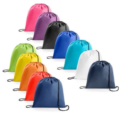 Colourful drawstring bags lined up in rows.