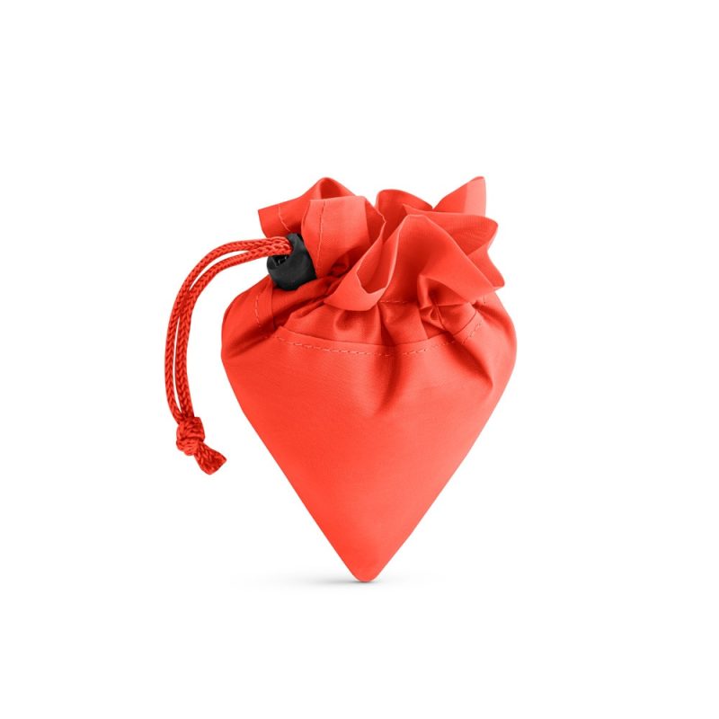 Red drawstring pouch with triangular shape.