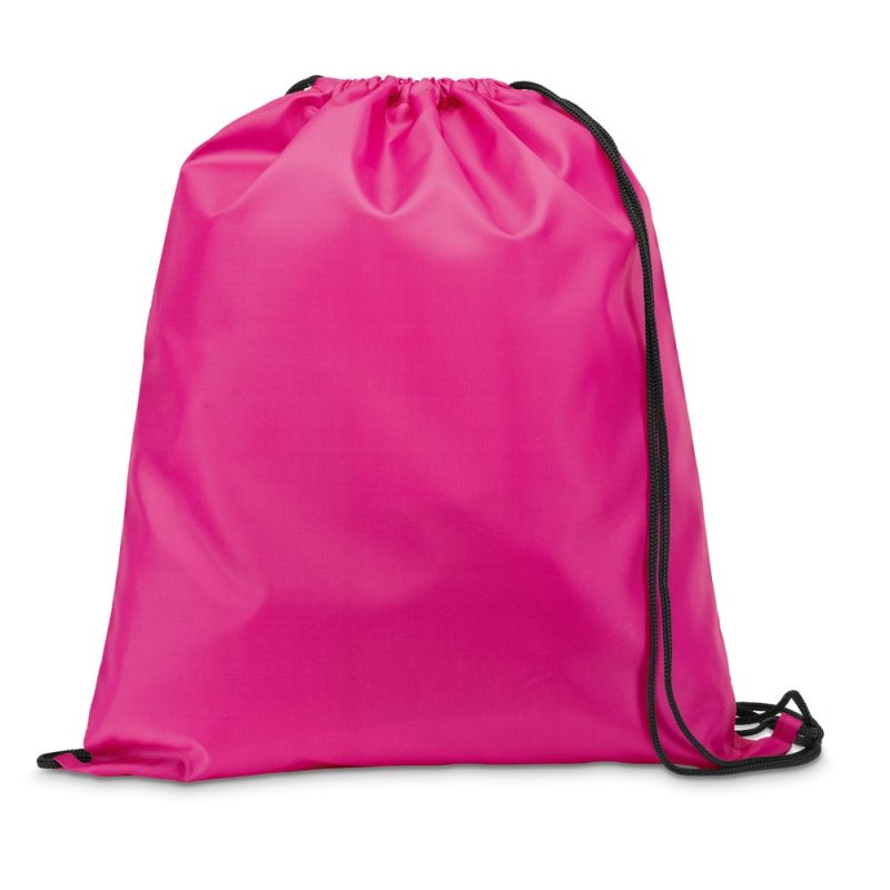 Bright pink drawstring backpack with black cords.