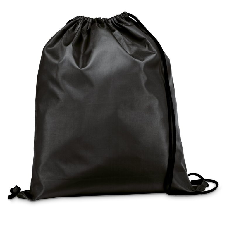 Black drawstring bag on white background.