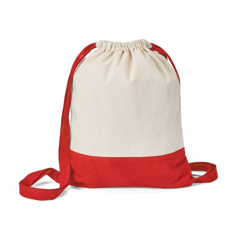 Red and white drawstring backpack