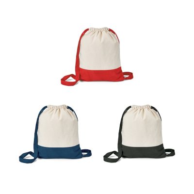 Three drawstring bags in red, blue, and black.
