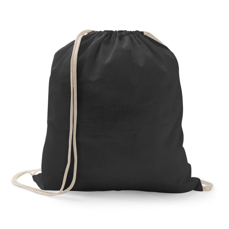 Black drawstring backpack with cream strings