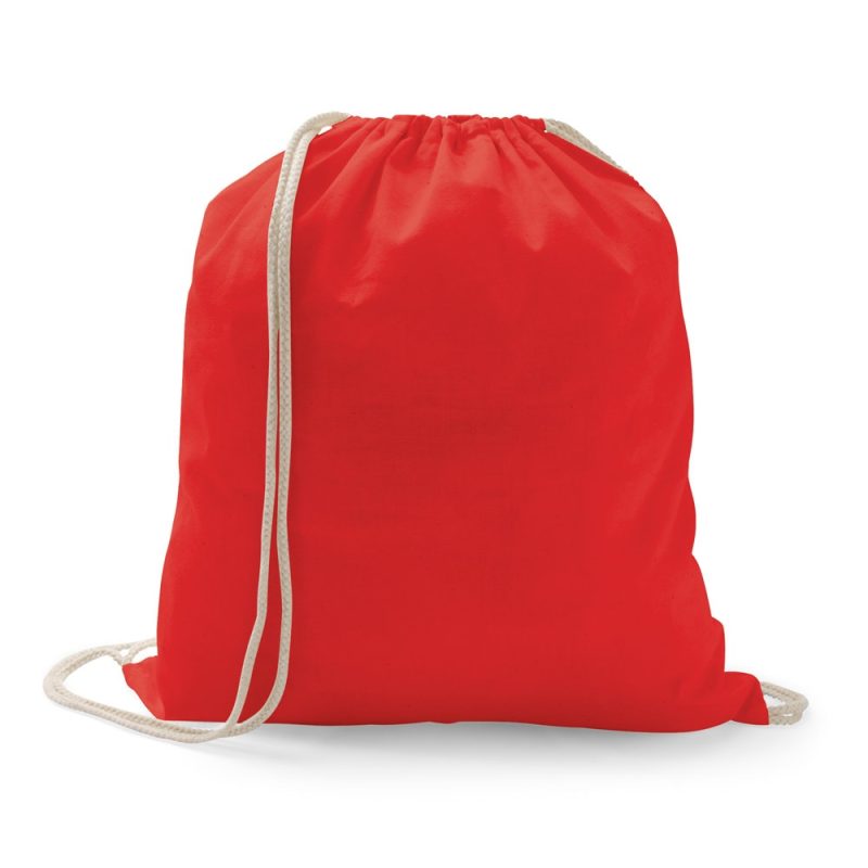 Red drawstring backpack with white cords.