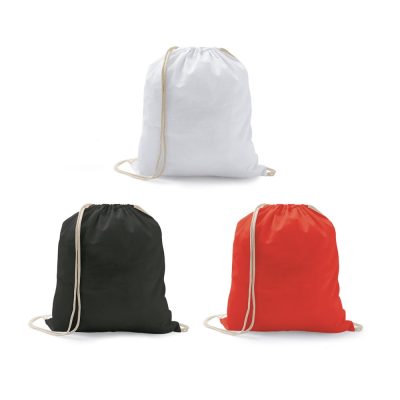 Three drawstring bags: white, black, red.