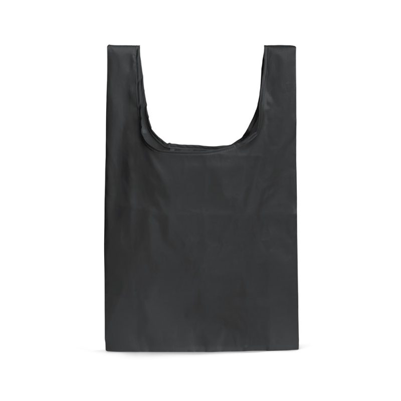 Black reusable tote bag, isolated on white background.